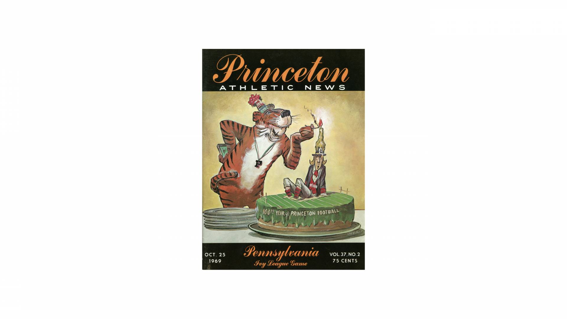 cover of a football program featuring an illustrated tiger lighting a candle on a cake