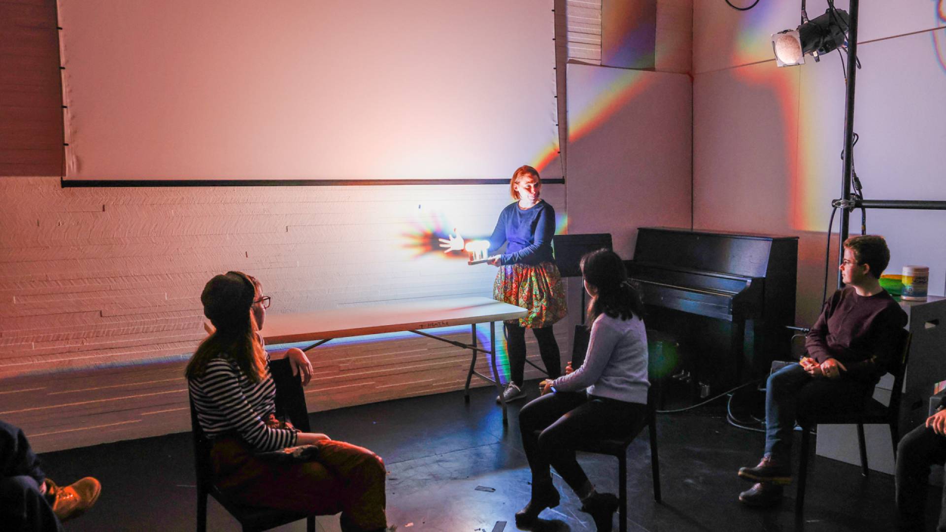 Lighting designer Tess James, a lecturer in theater and the Lewis Center for the Arts, leads the Wintersession workshop "Color and Light." The hands-on class explored how color and light shape our perspectives on the world.