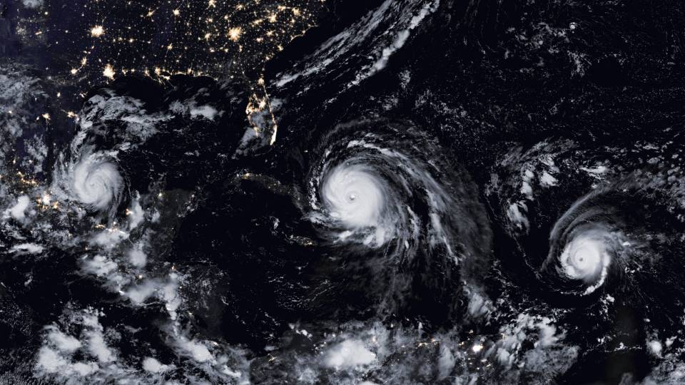 Satellite image of three hurricanes developing