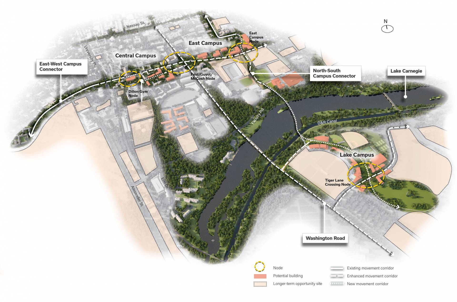 Map of connections between central campus, east campus and lake campus from the campus plan