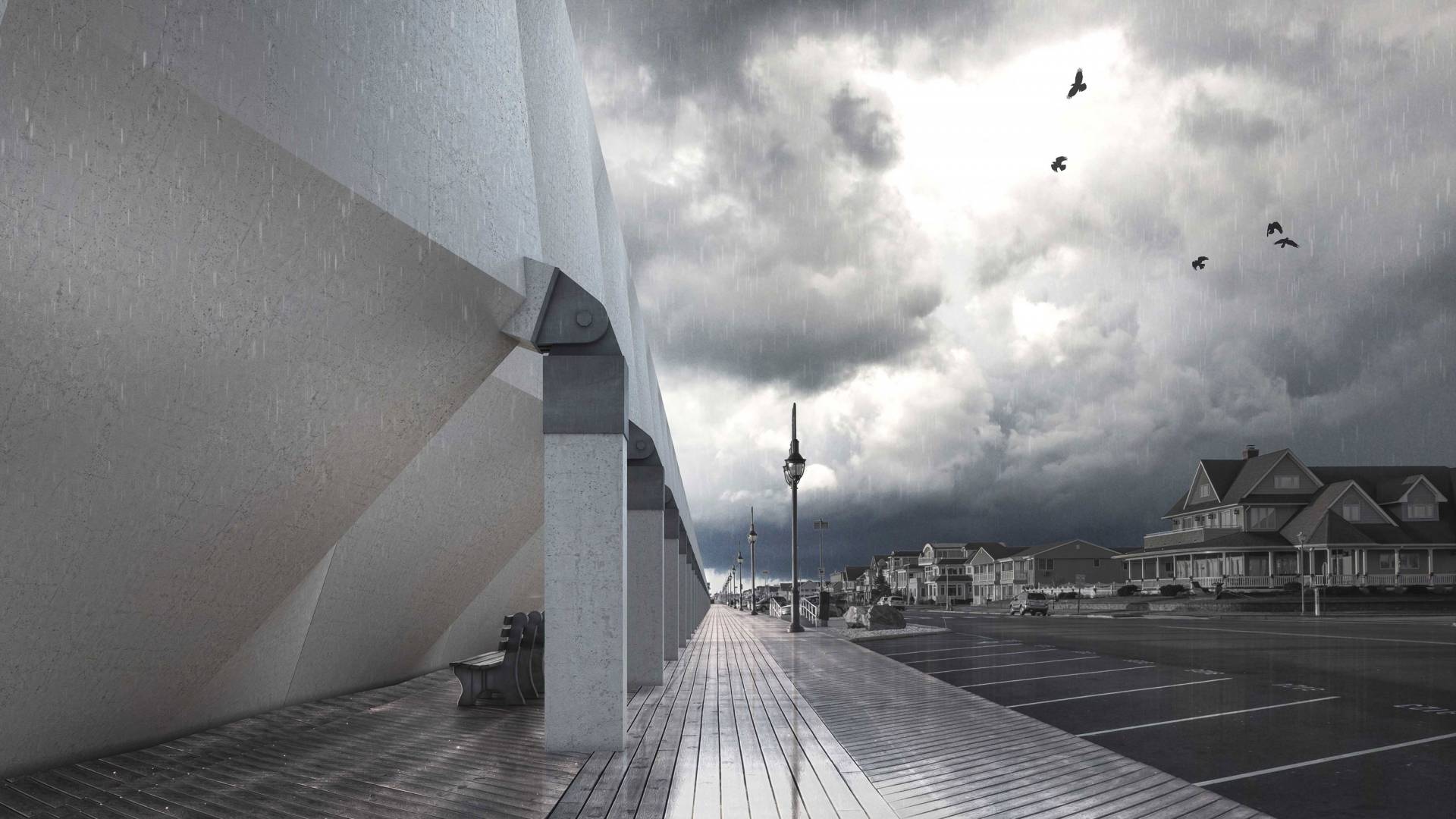 Stormclouds gather bbehind the umbrella structure