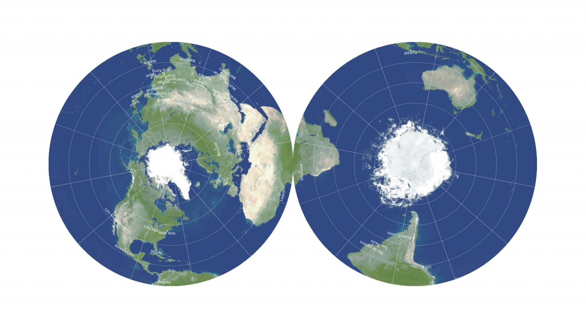 Arctic and Antarctic halves of the globe joined at the continent of Africa